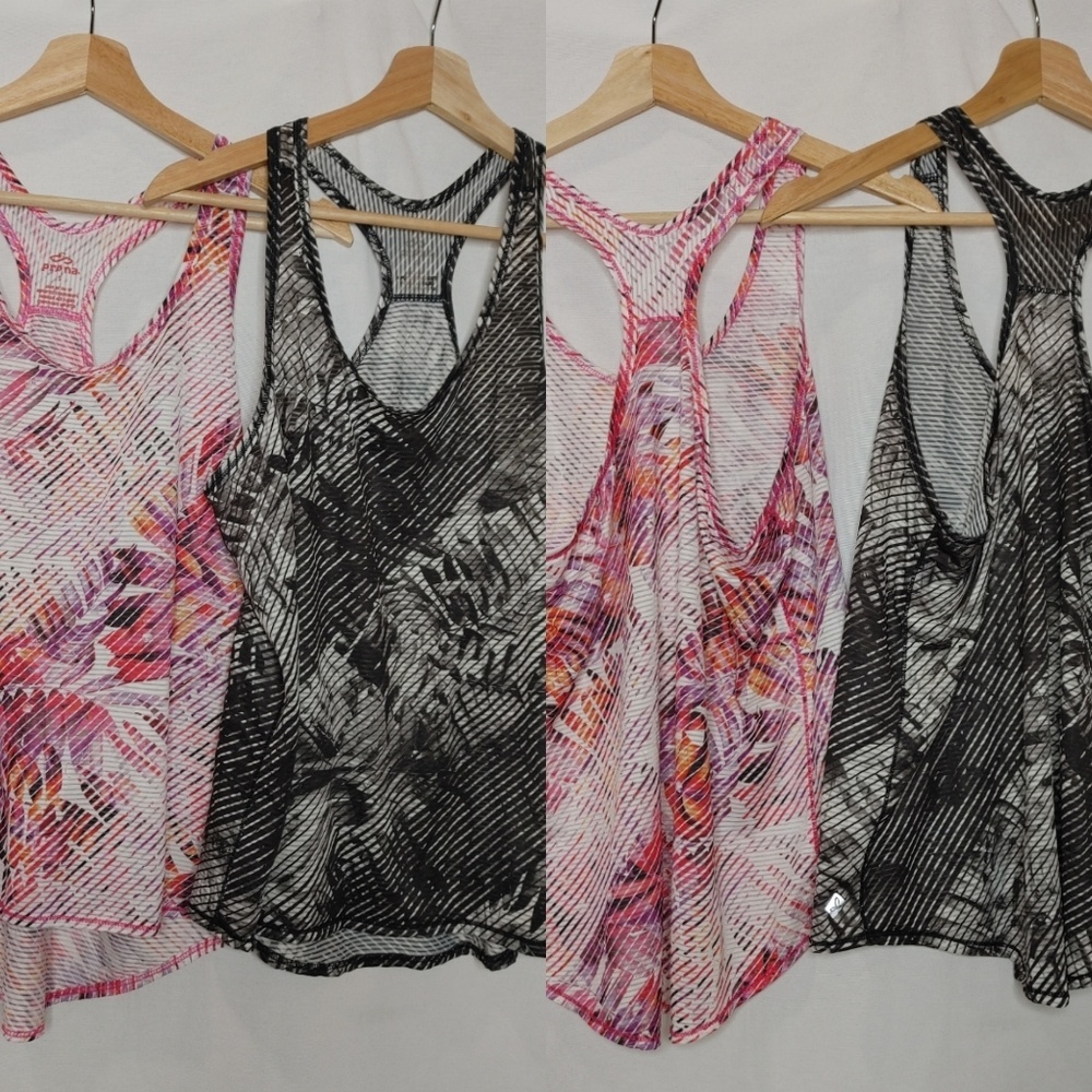 Prana Breezie Tank Black‎ Pink Racerback Sheet Palm Print Lot of Two Small